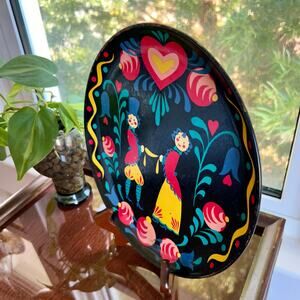 Vintage 1950s Colorful Folk Art Dutch Painted Courting Couple Metal Serving Tray